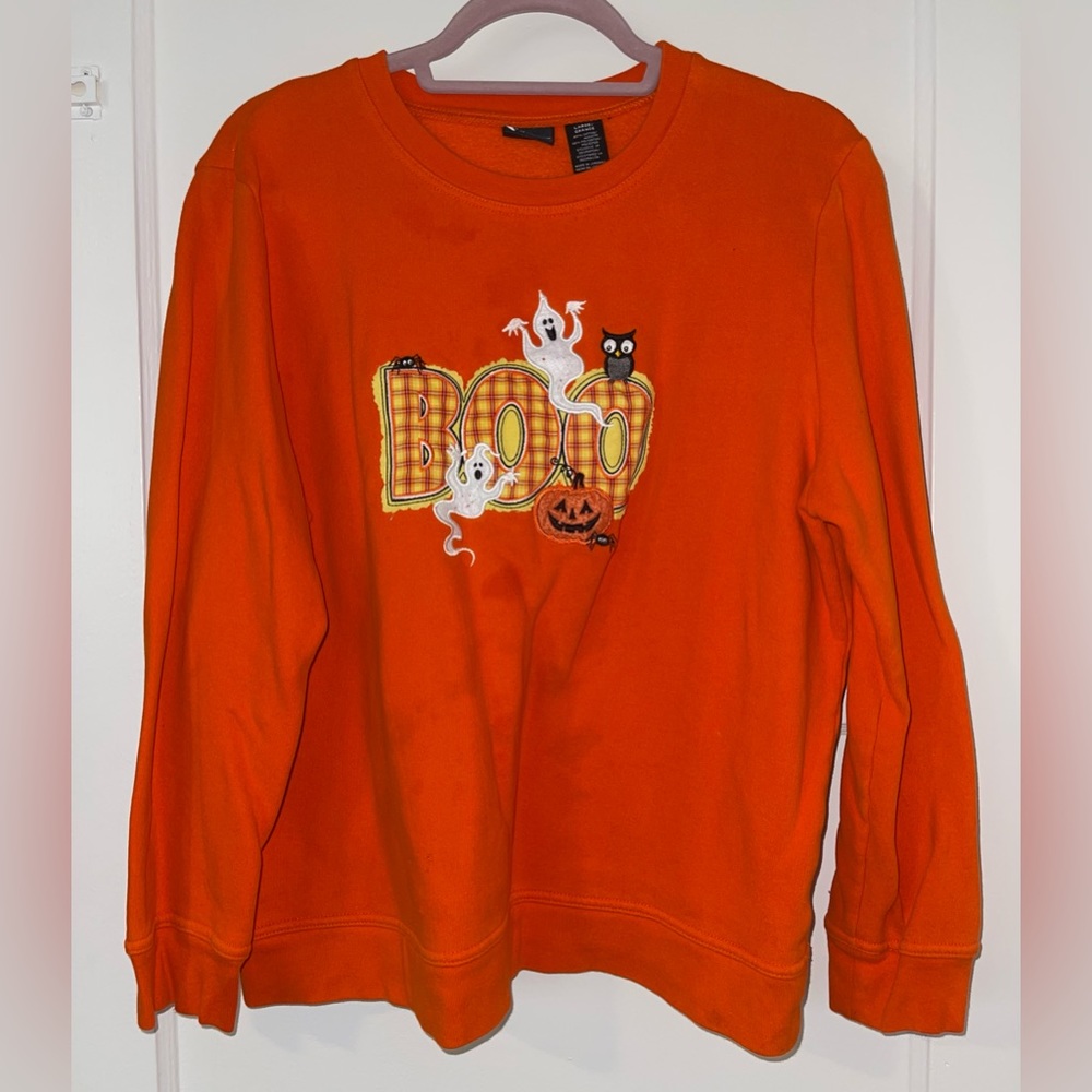 Orange Halloween BOO Crewneck Sweater Ghost Pumpkin Spider Owl Size L